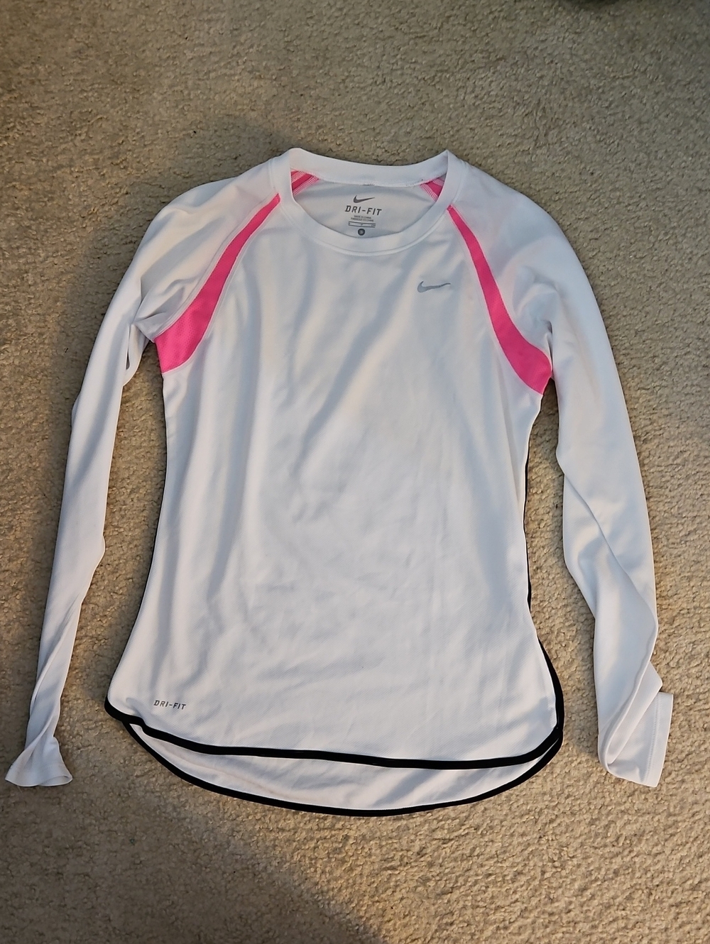 Nike White Long-Sleeve Dri-FIT Top with Pink Accents